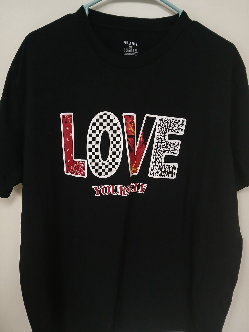 Forever 21 Black Graphic "LOVE Yourself" Tee with Red Accents
